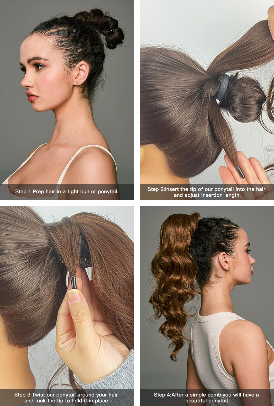 Step-by-step guide showing how to apply the Carrie wrap-around ponytail by Ailsa's Wigs, emphasizing ease of styling.