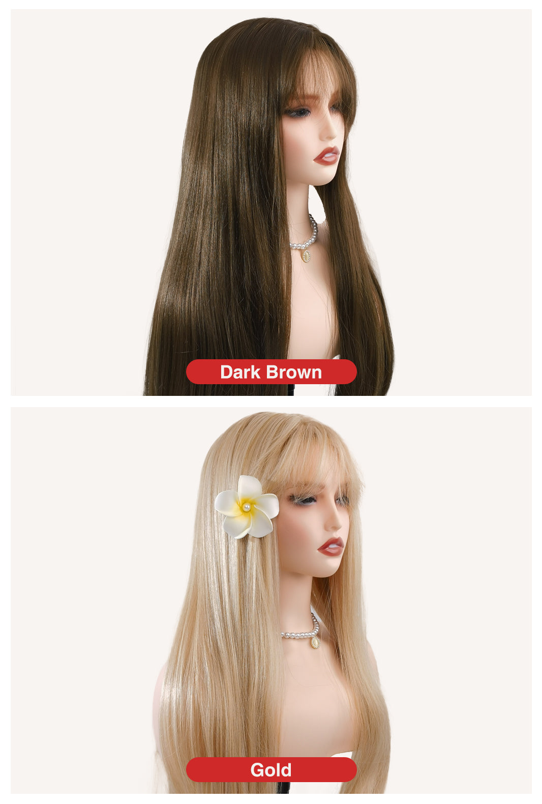 Color comparison guide Ailsa's Wigs: warm brown vs light blonde