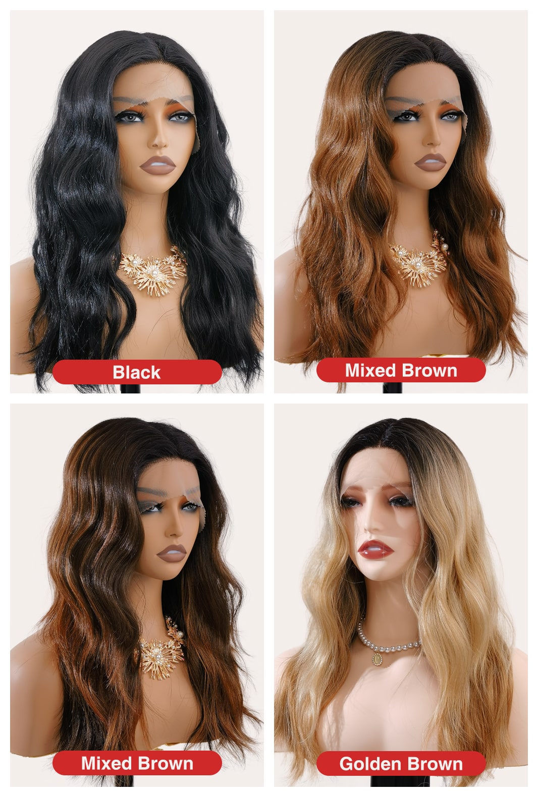 Color comparison guide Ailsa's Wigs in four shades:Black/Mixed Brown/Mixed Brown/Golden Brown