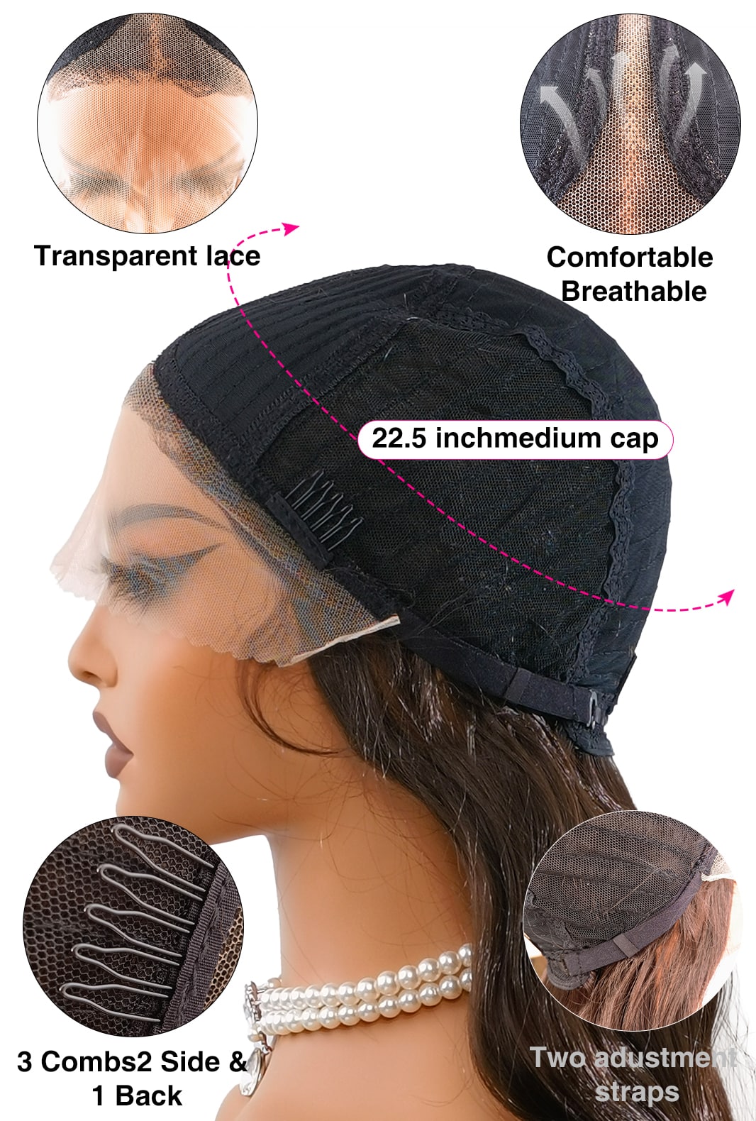 Peyton's SmartFit system by Ailsa's Wigs: 22.5-inch average cap size with 3 velvet-lined clips and 2 adjustable bands for all-day security without pressure points.