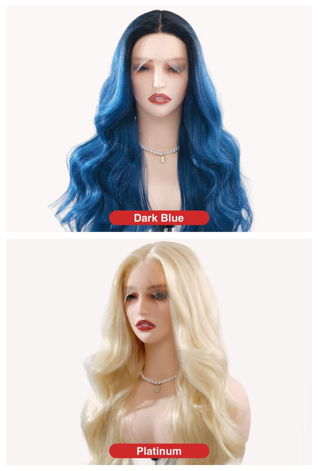 Choose your signature look—Ailsa's Wigs in bold electric blue or radiant platinum blonde.