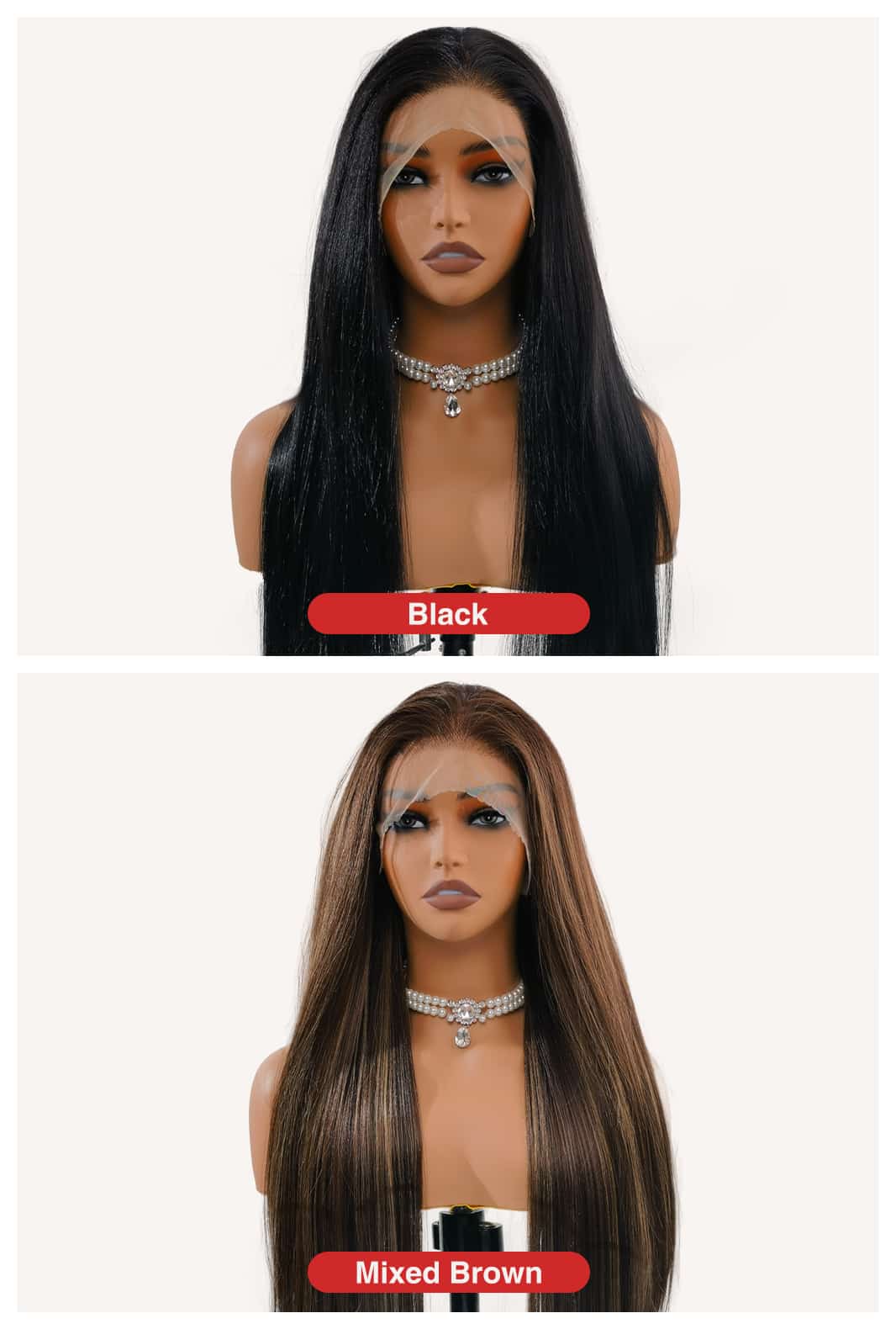 Wig color options by Ailsa's Wigs: midnight black vs caramel brown - choose your signature
