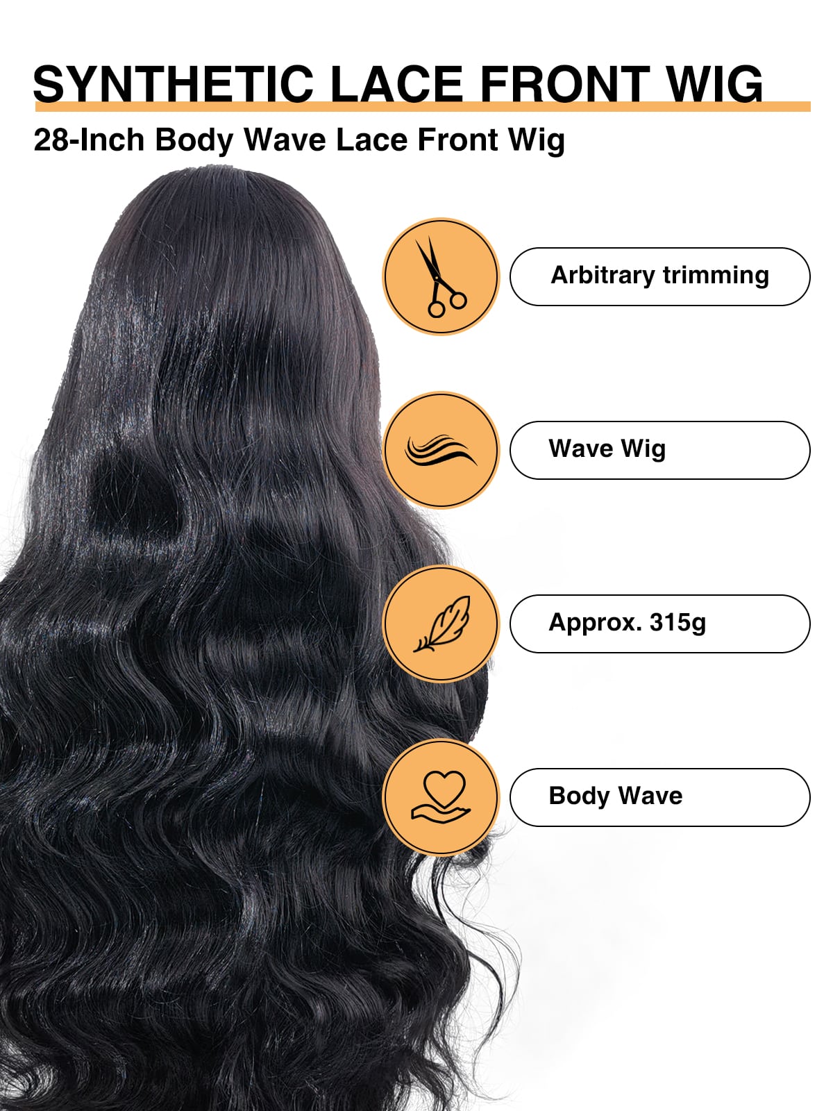 Back view of Addison by Ailsa's Wigs, showcasing the natural black 28-inch body wave wig with full, glossy synthetic hair. Features lightweight texture, easy maintenance, and customizable cutting for versatile styling.