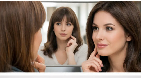 woman looking in mirror comparing realistic vs fake wig, natural lighting, soft shadows, ultra realistic, beauty editorial style