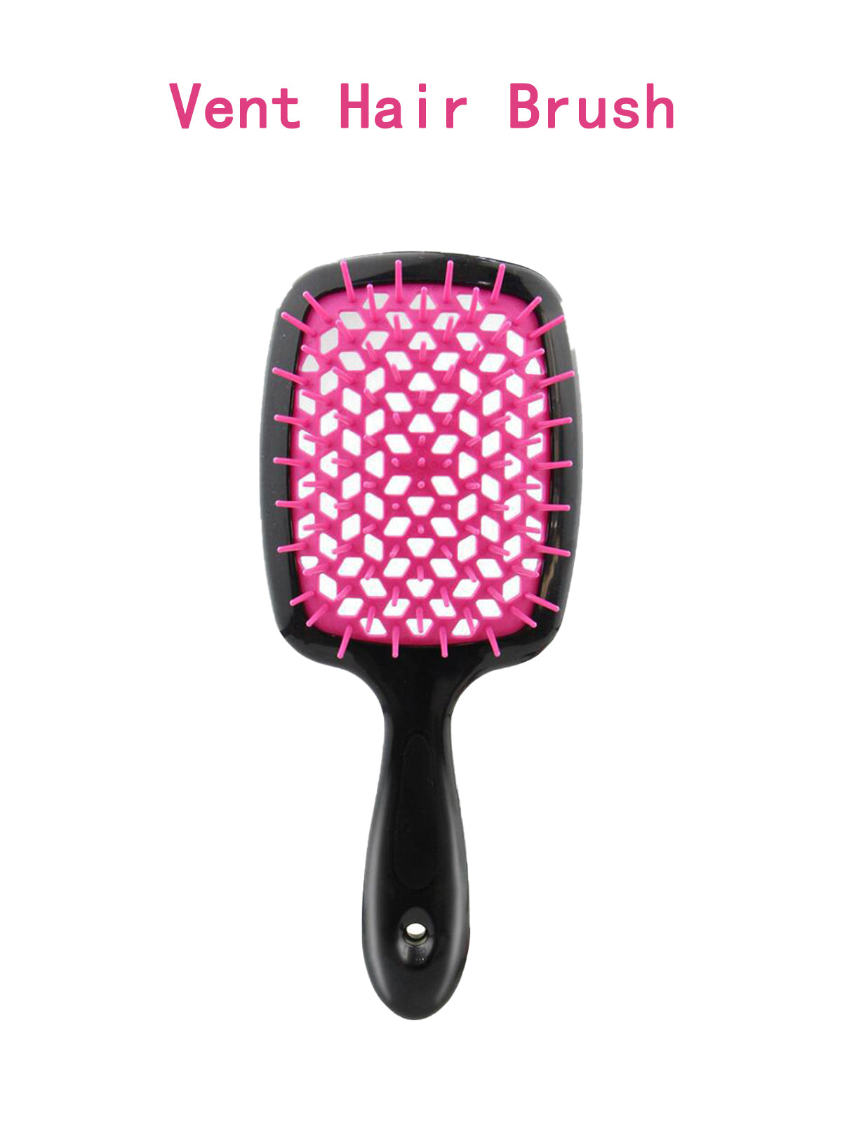 Classic noir style: Ailsas vent brush with matte black handle and fuchsia bristle base, demonstrating how the crescent arc hugs the scalp during styling.