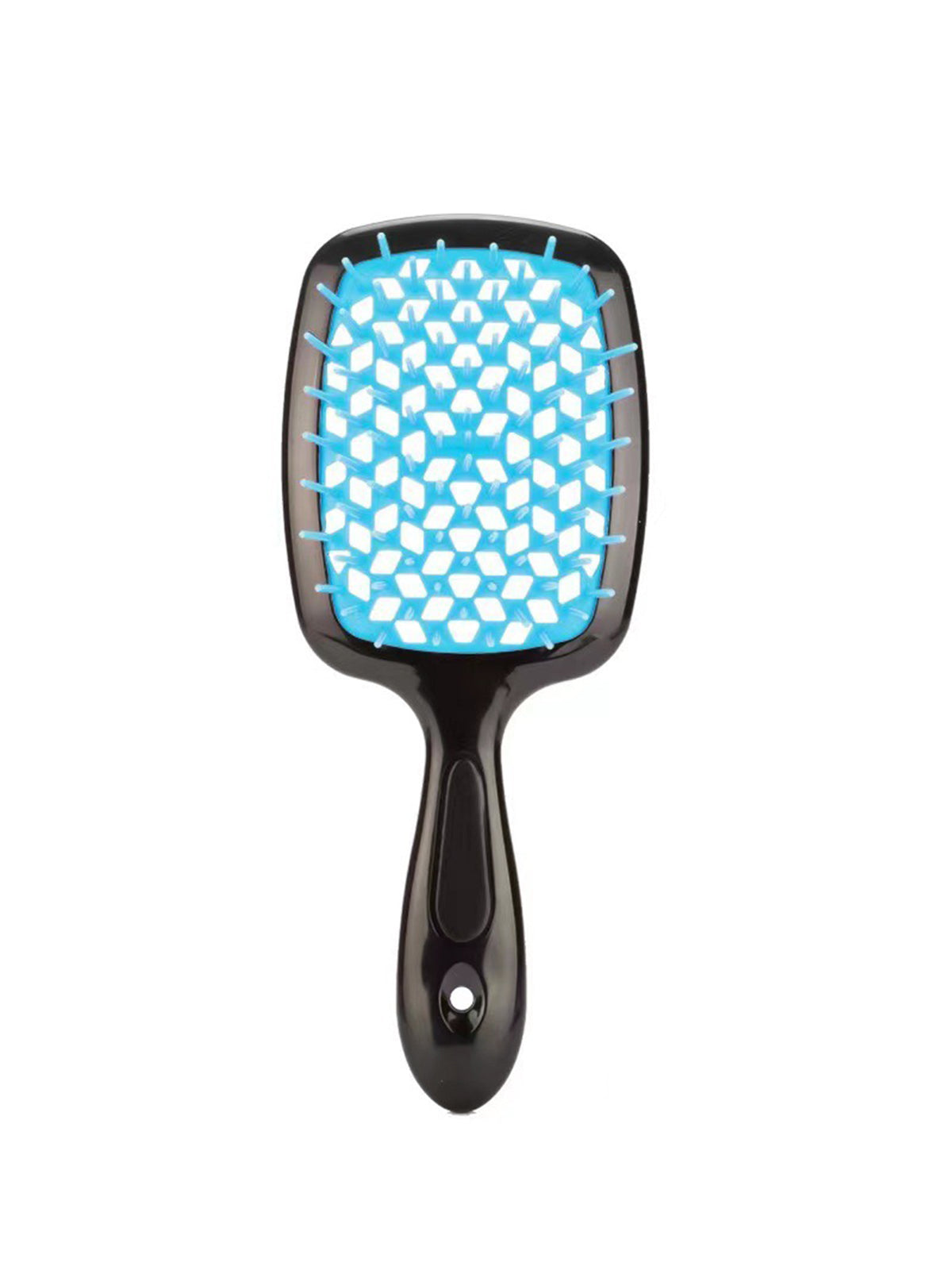 Cool tones edition: Ailsas brush with deep navy vents and black handle, gliding through thick curly hair without snags.