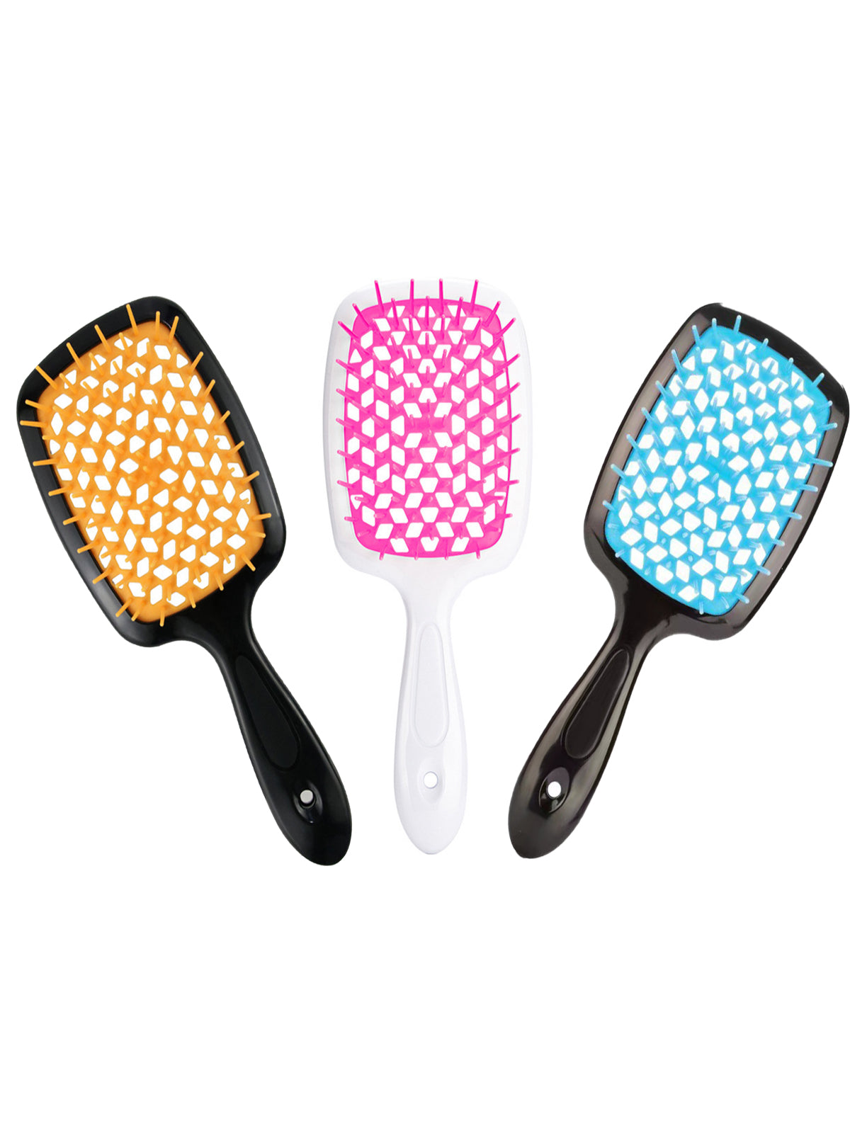 Color trilogy: Ailsas vent brushes in black/orange, white/fuchsia, and black/blue displayed together, showing versatility for different styling toolsets.