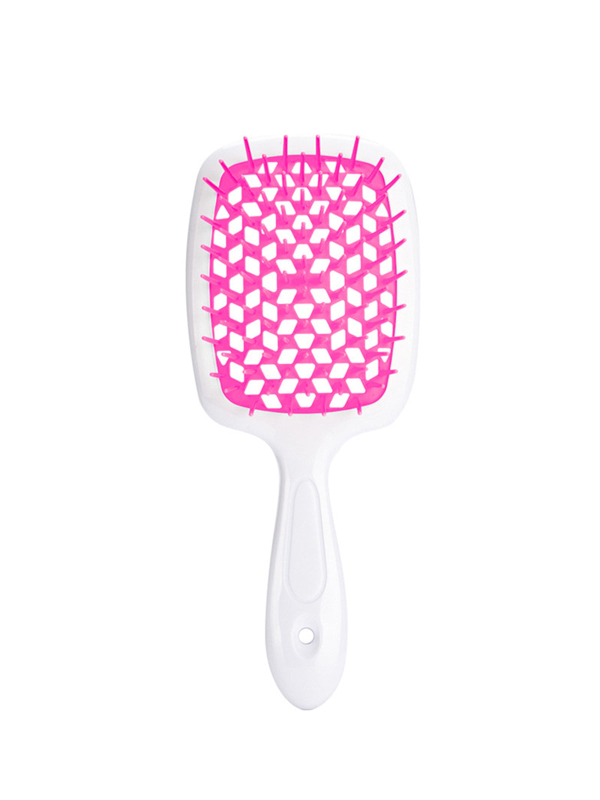 Modern duo-tone: Crisp white handle contrasts with vibrant fuchsia vents on this Ailsas brush, shown mid-stroke through wavy hair.