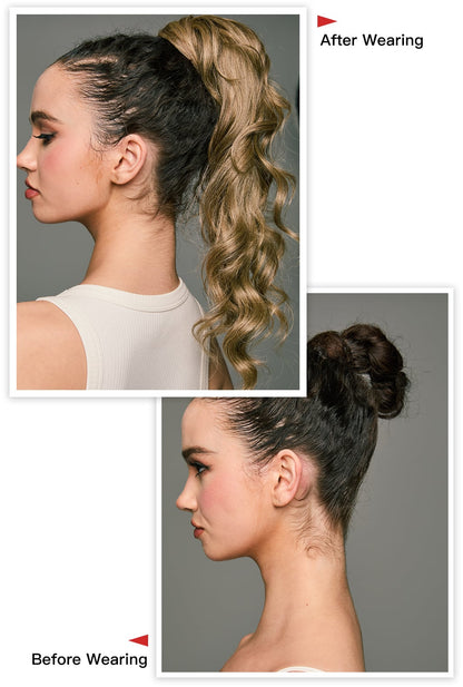 efore and after comparison of the Carrie ponytail by Ailsa's Wigs, showing enhanced length and volume in ash blonde tone.