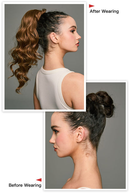 Jamie by Ailsa's Wigs – Before and after wearing the brown ponytail extension, highlighting instant volume boost and seamless hair blend.