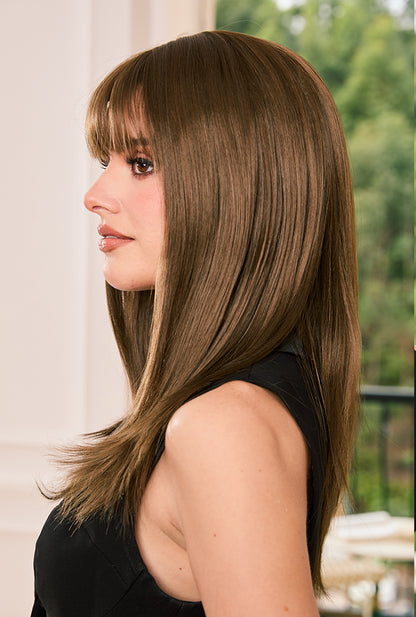 Left side detail of Chestnut wig's air bangs by Ailsa's Wigs, showcasing featherlight fringe technology