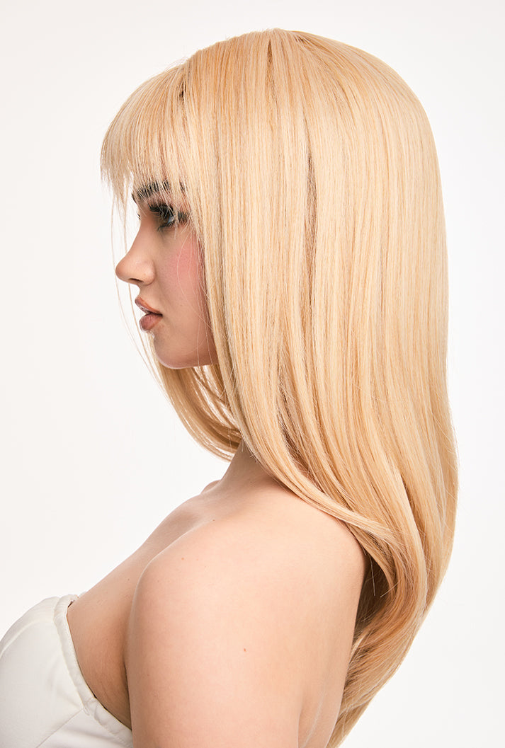 Left side movement of Eilis wig's air bangs by Ailsa's Wigs featuring featherlight fringe technology