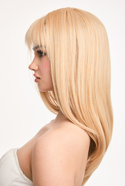 Left side movement of Eilis wig's air bangs by Ailsa's Wigs featuring featherlight fringe technology