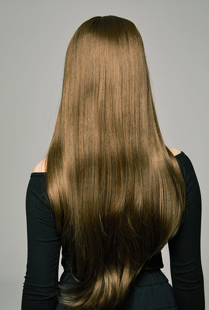 Back view color analysis of Coffee Delight wig by Ailsa's Wigs with skin-tone-flattering warm brown