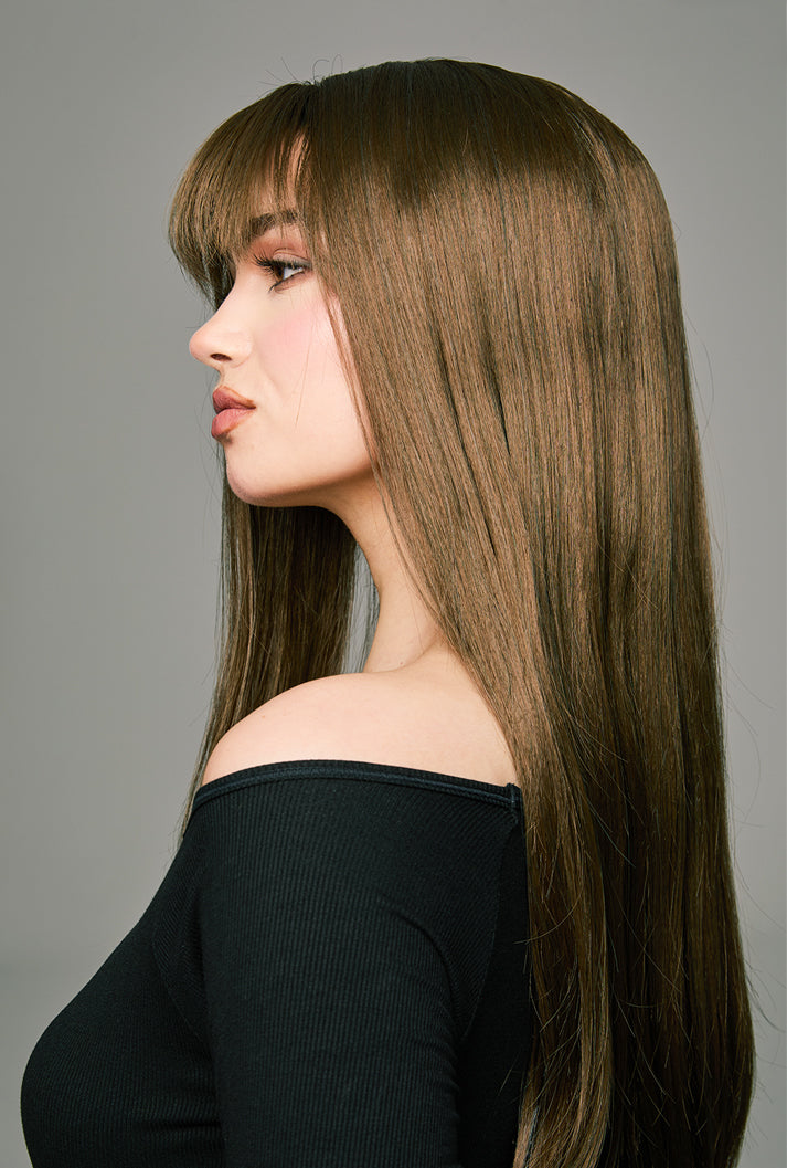 Movement demonstration of Coffee Delight wig's air bangs by Ailsa's Wigs with featherlight fringe patent