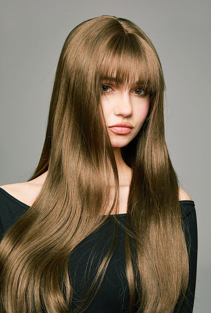 Close-up of Coffee Delight wig's tri-tone blend by Ailsa's Wigs showing seamless dark/caramel/light brown transition