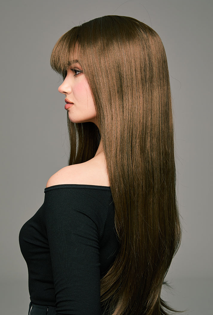 Coffee Delight | 28" Brown Long Straight Synthetic Wig with Bangs | Ailsa's Wigs