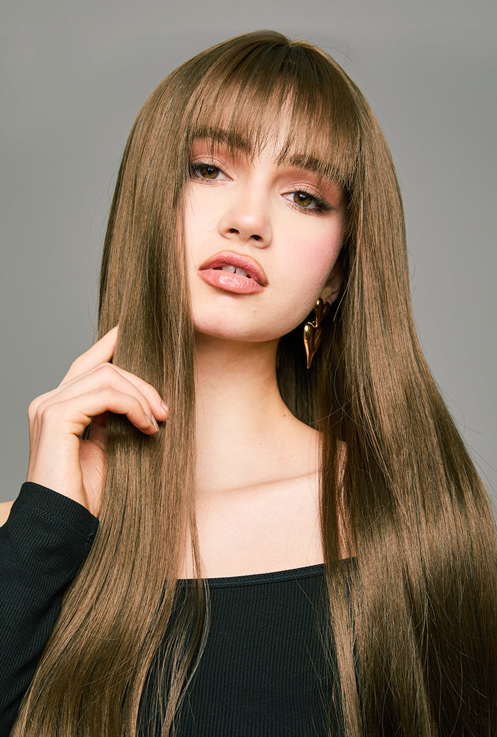 Front view of 28" Coffee Delight wig by Ailsa's Wigs showcasing waist-length silky straight hair in warm brown tones