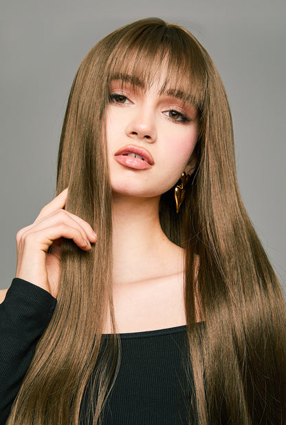 Front view of 28" Coffee Delight wig by Ailsa's Wigs showcasing waist-length silky straight hair in warm brown tones