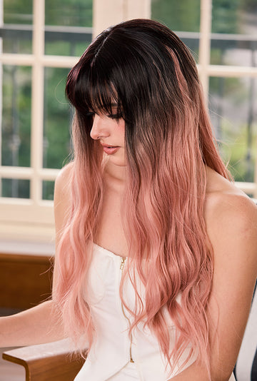 Angie | 26" Brown to Red Ombre Curly Wig with Bangs | Synthetic Wig | Ailsa's Wigs