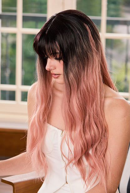 Angie | 26" Brown to Red Ombre Curly Wig with Bangs | Synthetic Wig | Ailsa's Wigs