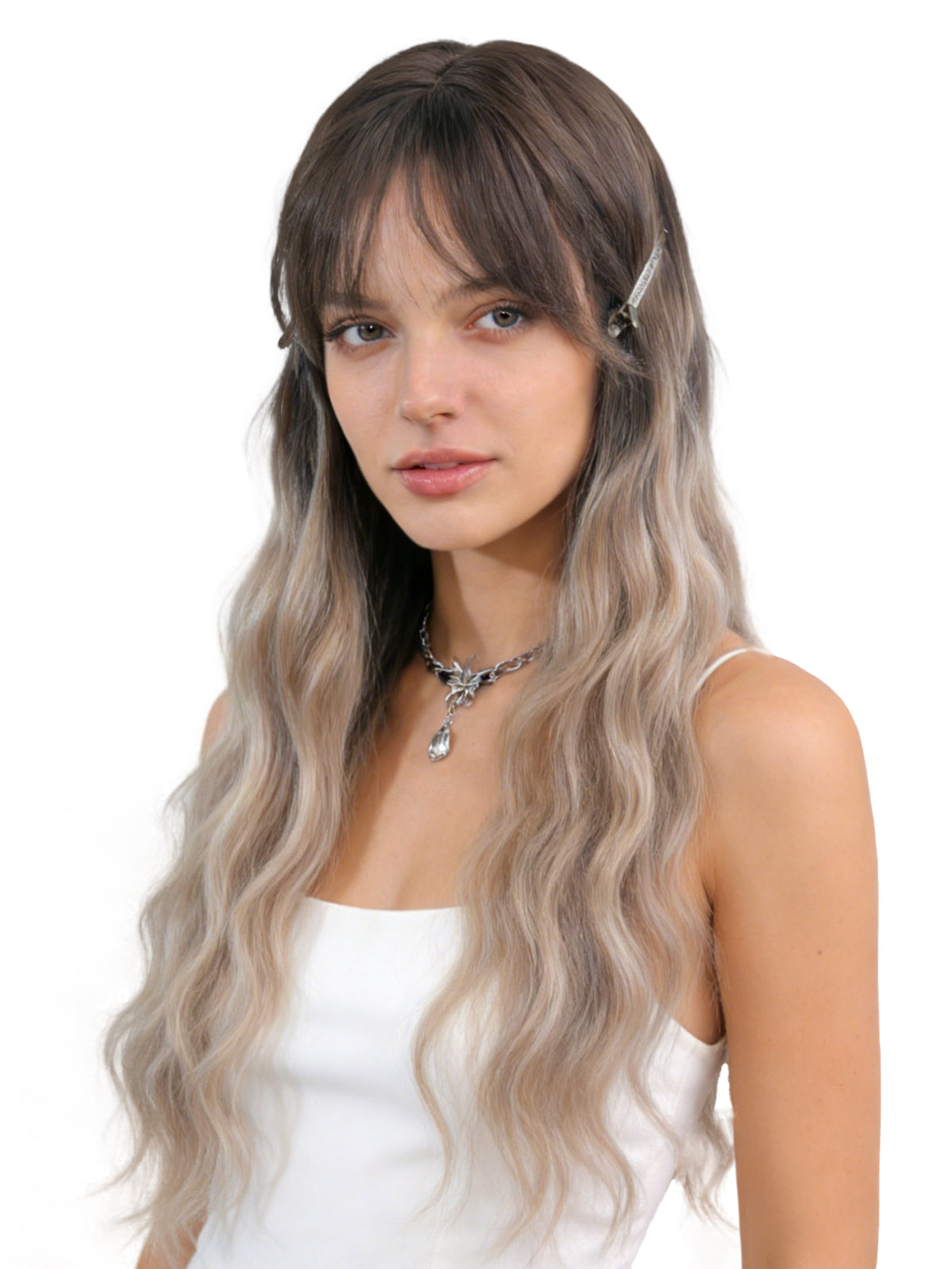 Juli | 26" Brown to Grey Ombre Curly Wig with Bangs | Long Synthetic Wig | Ailsa's Wigs