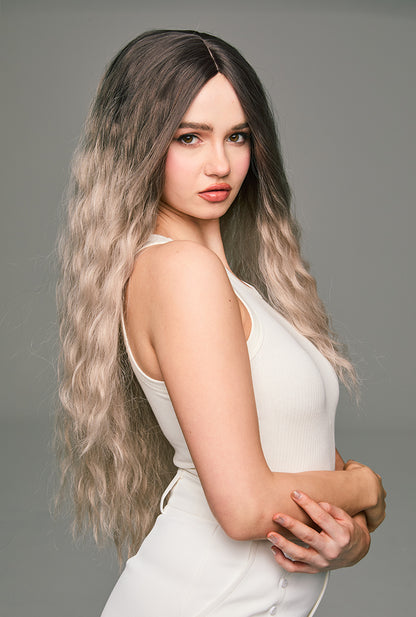 Cosmic Color Flow - Mila Wig by Ailsa's Wigs Right Front Angle Showing Brown-to-Grey Transition