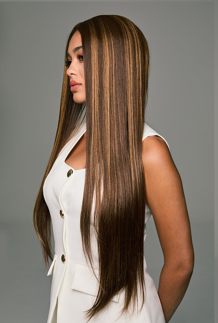 Lucy highlighted honey blonde 32-inch straight wig by Ailsa's Wigs - Left side view showing dimensional color blending and sleek length