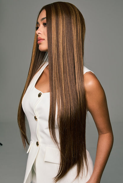 Lucy highlighted honey blonde 32-inch straight wig by Ailsa's Wigs - Left side view showing dimensional color blending and sleek length