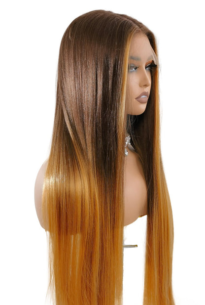 Hannah balayage brown straight wig by Ailsa's Wigs: 32-inch golden-brown ombré with honey-to-sunset gradients, sleek straight strands for a luxurious look.