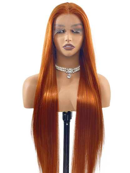 Frontal elegance of Abigail wig: Showcasing the flawless 32-inch straight silhouette with rich ginger tones that enhance facial features. The heat-resistant synthetic fibers maintain perfect straightness even with styling tools, while the natural-looking lace front creates an undetectable hairline. A statement piece by Ailsa's Wigs for confident women.
