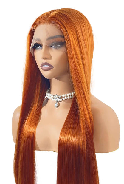 Stunning Abigail ginger wig in motion: Captivating 32-inch straight strands cascade with vibrant orange-ginger hues, catching the light beautifully. The ultra-long length flows effortlessly, creating a bold, head-turning look perfect for parties and special occasions. Expertly crafted by Ailsa's Wigs with premium synthetic fibers that mimic natural hair movement.