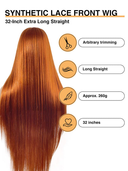 Stunning back view of Abigail wig: Flawless 32-inch straight ginger hair cascades down with luminous shine, showcasing the premium synthetic fibers' natural weight and movement. The lace front construction ensures seamless blending, while the vibrant color remains rich and fade-resistant. Expertly crafted by Ailsa's Wigs for easy styling, low maintenance, and customizable length.