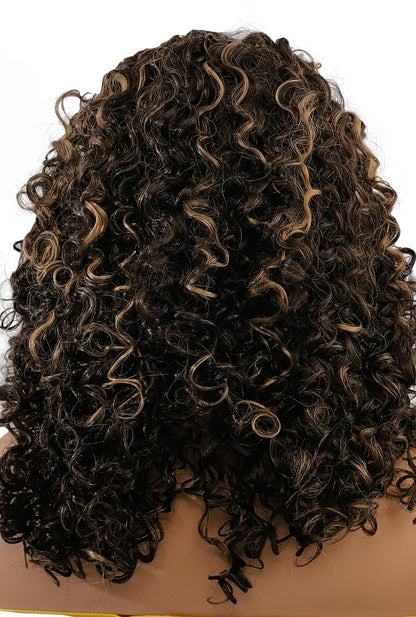 Jessica | 16" Synthetic Afro Wig | TT4/27 Dark Brown Blonde Highlights | Lace Front | Ailsa's Wigs