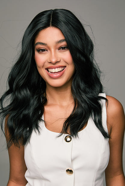 Front view of 18" Maya curly wig by Ailsa's Wigs showcasing natural black curls with realistic movement and shine