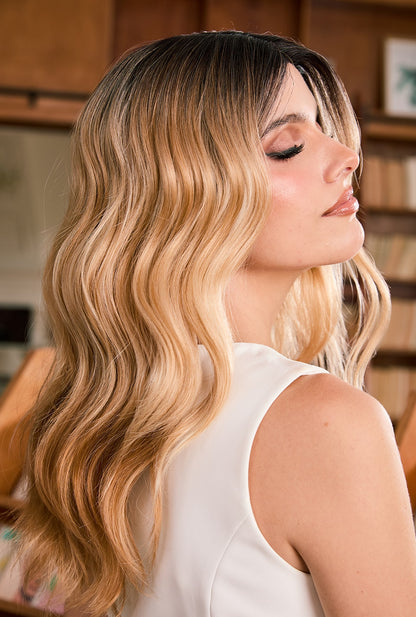 Eliana Ombre Brown to Blonde Wig by Ailsa's Wigs – 18-inch body wave with sun-kissed highlights, cascading layers for a luxurious look.