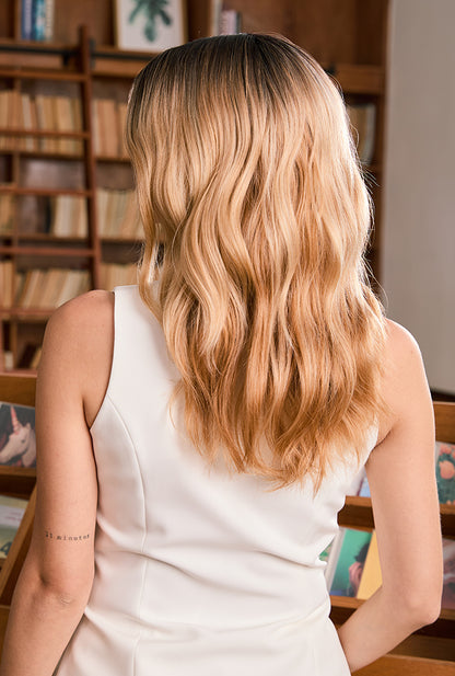 Back view of Eliana wig – Soft brown-to-blonde ombre body waves, perfect for professional settings or daily chic.