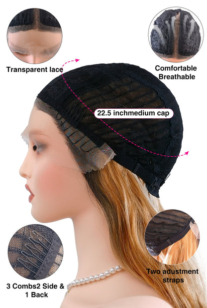 Breathable T-part lace & adjustable straps – 3 clips for security, 2 bands for custom fit in Eliana wig.