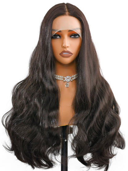 Frontal glamour of Riley wig: 26-inch body waves frame the face with luminous black strands, showcasing Ailsa's Wigs' signature high-shine synthetic fibers.