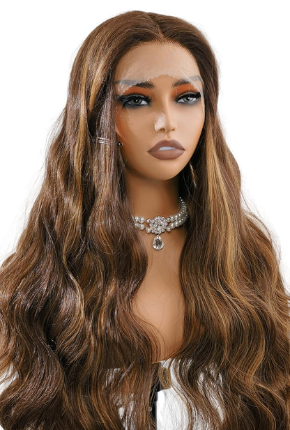 Natalia highlighted brown wig by Ailsa's Wigs showcases 26-inch body waves in motion, where chestnut and caramel tones interweave to create dimensional sunlight effects with every turn.