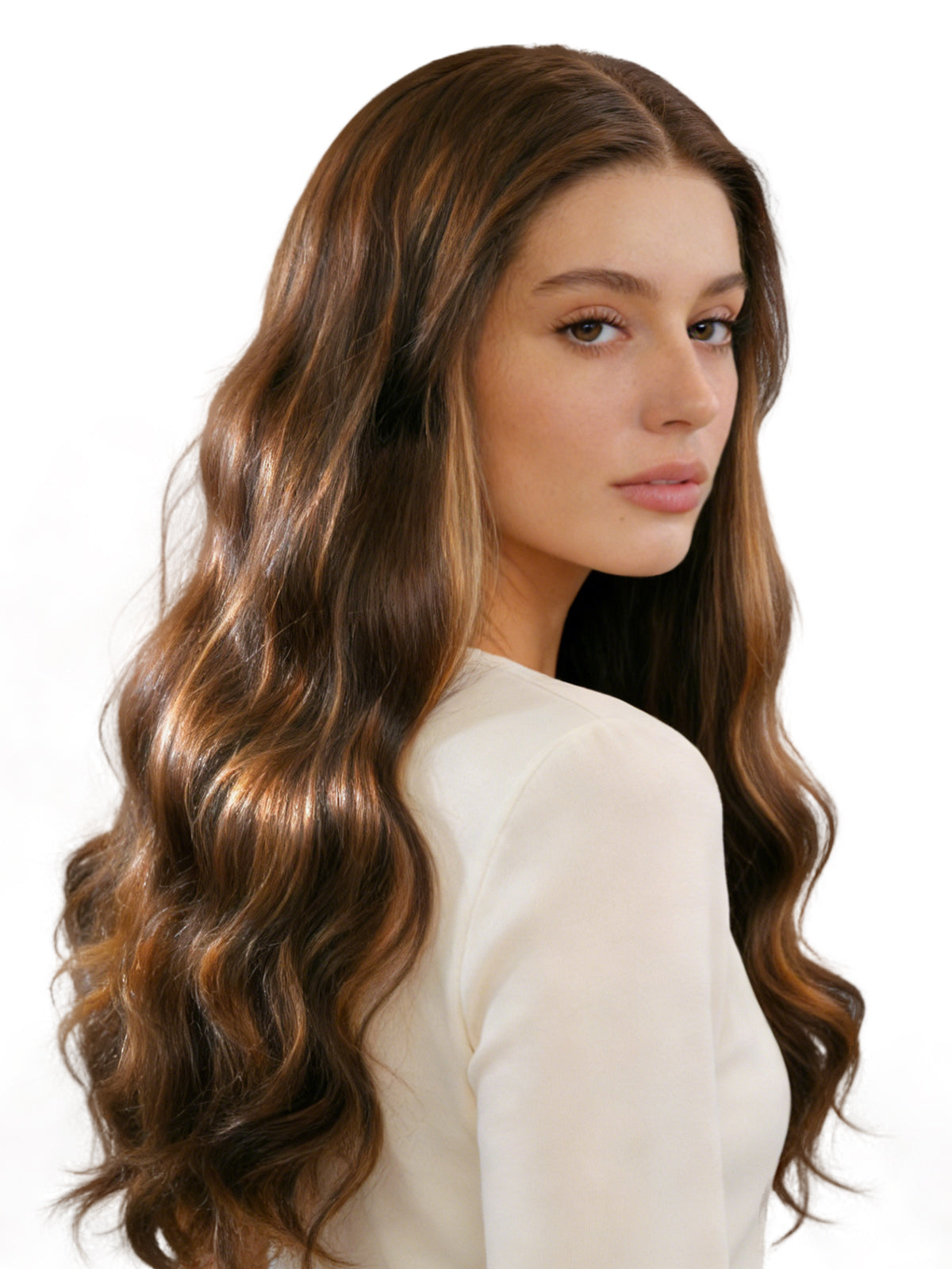 Natalia | 26" Long #HM4/27 Highlighted Brown Body Wave Wig | Lace Front Synthetic Wig | Ailsa's Wigs