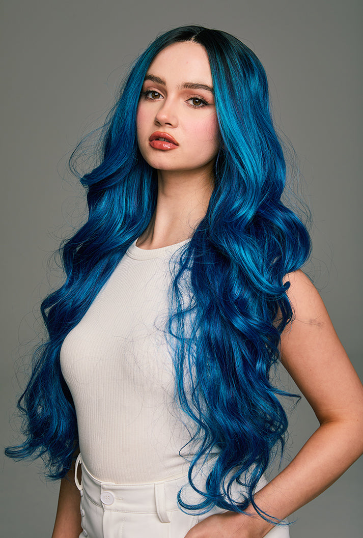 Chloe | 28" Extra Long Layered Dark Blue Body Wave Wig | Lace Front Synthetic Party Wig | Ailsa's Wigs