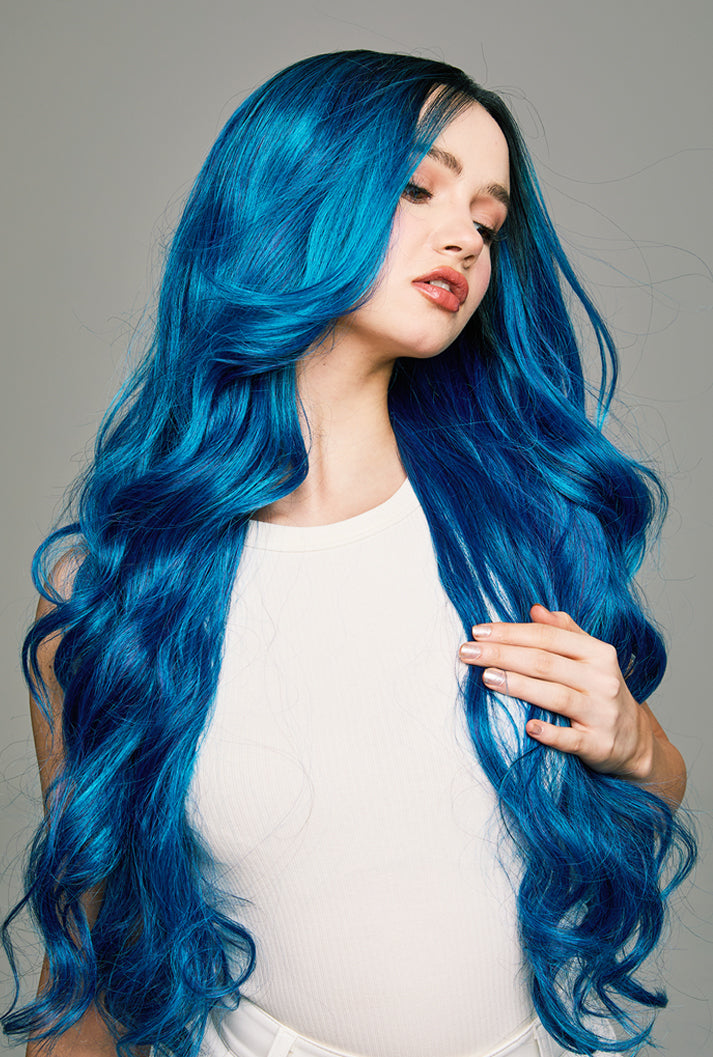 Romantic blue fantasy comes alive with Chloe wig by Ailsa's Wigs - shadow roots adding depth to every curl