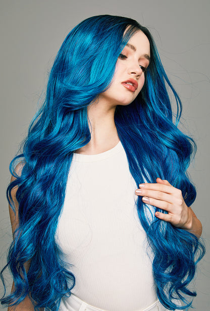 Romantic blue fantasy comes alive with Chloe wig by Ailsa's Wigs - shadow roots adding depth to every curl