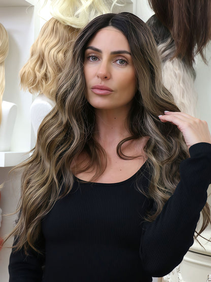 Stella | 24" Black-Brown Grey Balayage Body Wave Wig |  L-Part Lace Front Synthetic Wig | Ailsa's Wigs