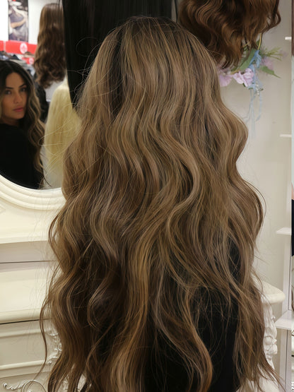 Stella | 24" Black-Brown Grey Balayage Body Wave Wig |  L-Part Lace Front Synthetic Wig | Ailsa's Wigs