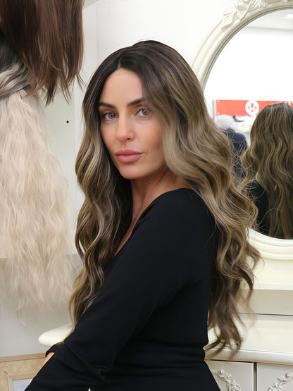 Stella | 24" Black-Brown Grey Balayage Body Wave Wig |  L-Part Lace Front Synthetic Wig | Ailsa's Wigs