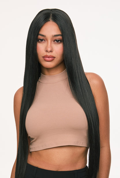 Sunlight dancing on Clara's raven strands by Ailsa's Wigs, showcasing salon-grade silkiness