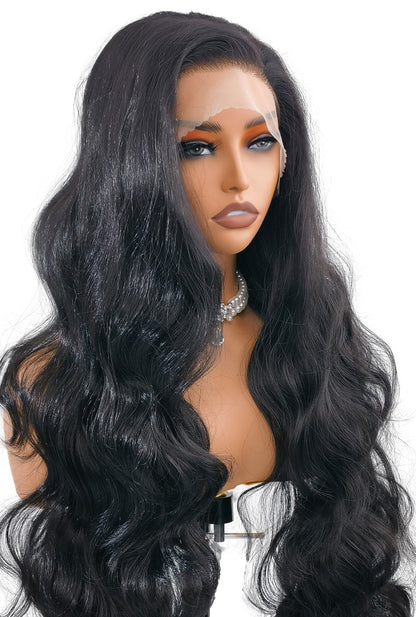 Model showing Addison by Ailsa's Wigs – Natural Black 28-Inch Body Wave Lace Front Wig with luxurious midnight black shade, soft flowing waves, and elegant volume.