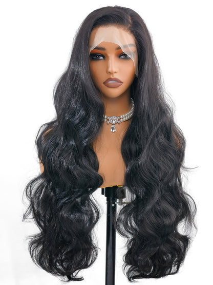 Front view of Addison by Ailsa's Wigs – 28-Inch Natural Black Wig with body waves styled into soft 4-6cm waves, creating a natural, airy ocean ripple effect.